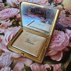 Vintage 1940s Elgin American Brass Compact Mirror Powder Case With Puff & Card